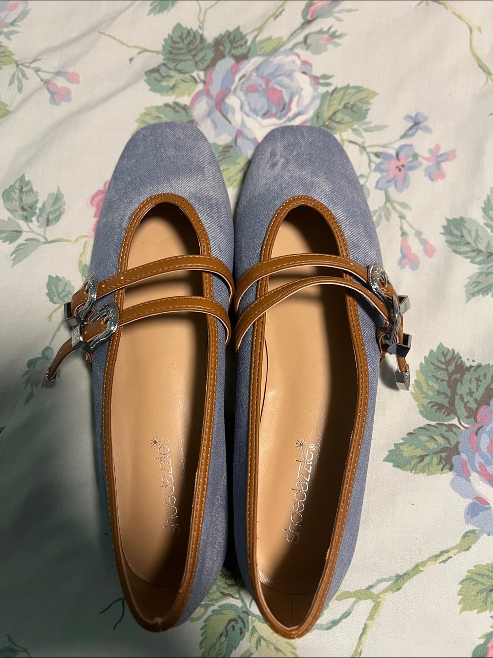 Staccato Denim-Look Mary Jane Flats with Brown Trim